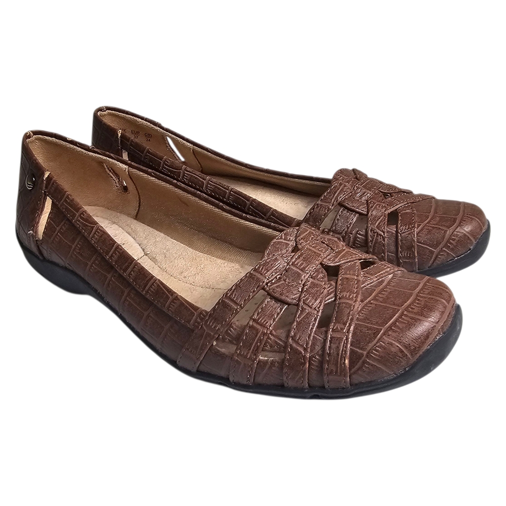 Life Stride Brown Faux Vegan Leather Ballet Flats Woven Design Slip On Size 7